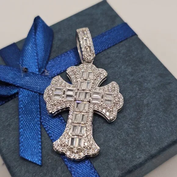 Silver 925 Rhodium Plated Fleur De Lis Cross Baguette Cut Clear CZ Pendant - Picture 2 of 9